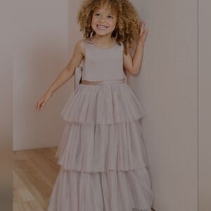 Champagne Light Gold Tiered Ruffle Layered Kids Flower Girl Formal Wedding Dress